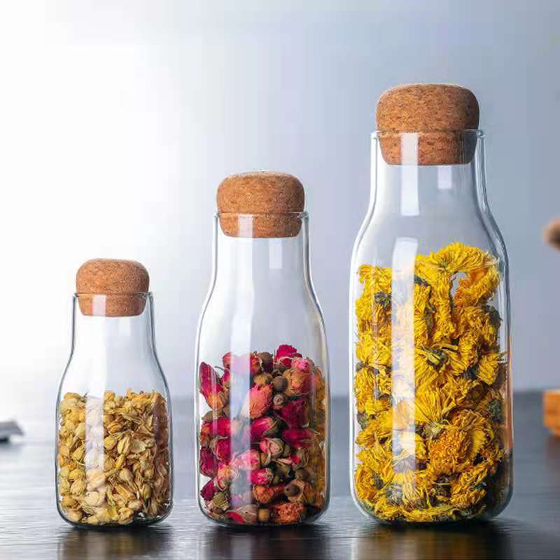 Clear Glass Storage Bottle / Jar With Cork Ball Stopper High Borosilicate Glass Storage Jar With Cork Stopper